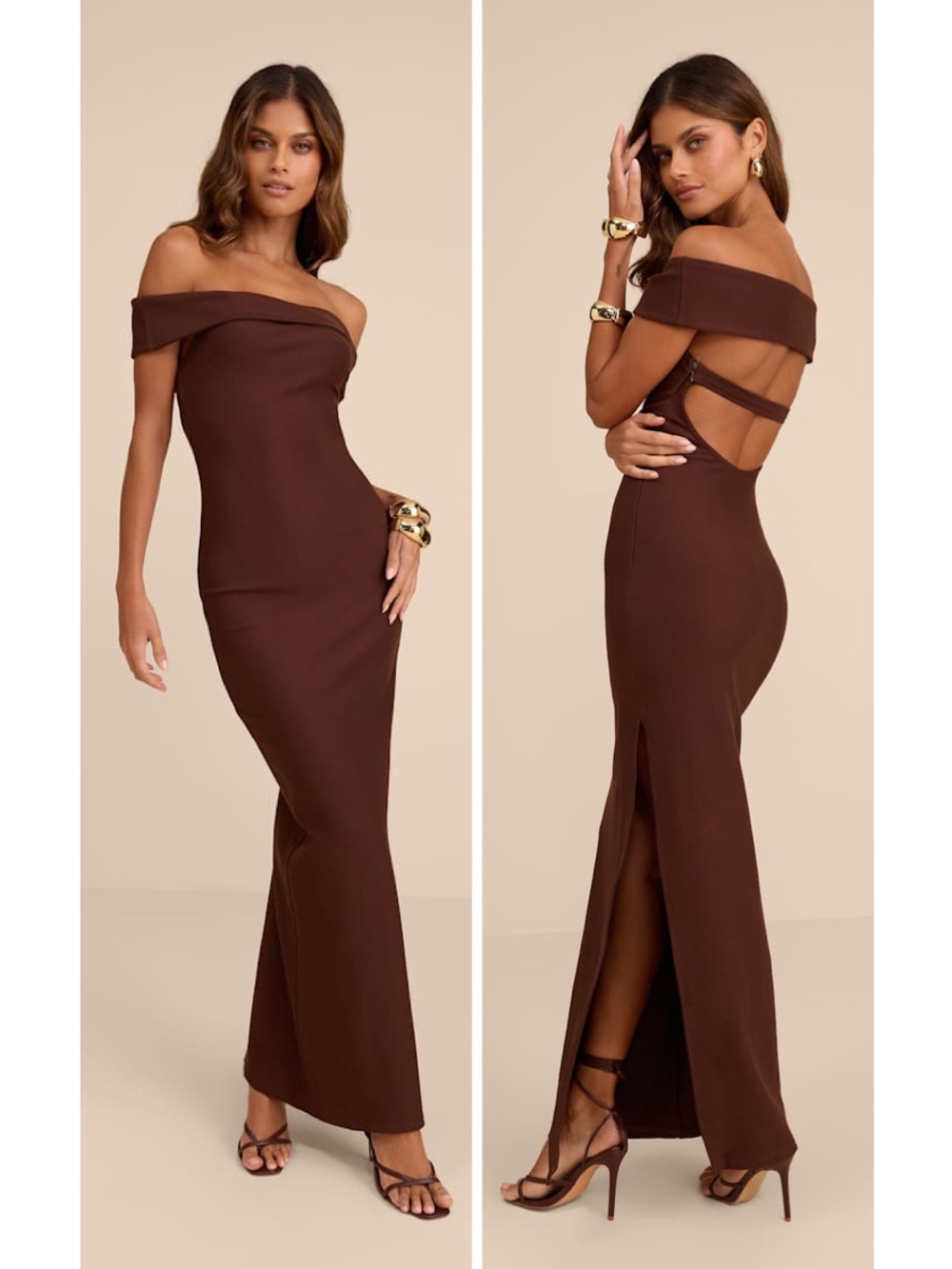 Lulus Chastain Brown Ponte Knit Off-the-Shoulder Maxi Dress Size Medium Formal